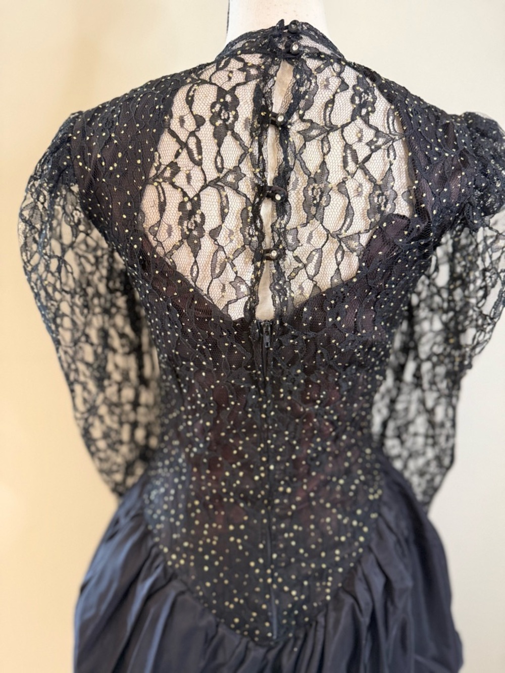 Nuance vintage black lace sequin midi dress tiered balloon hem SZ 5 - Picture 5 of 16